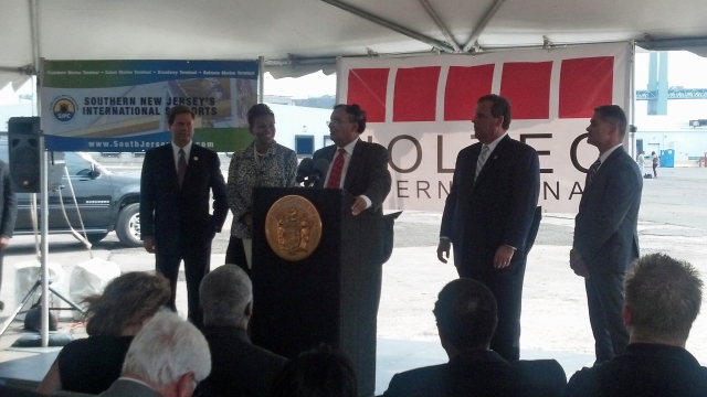 Dr. Kris Singh gives his speech next to Governor Christie, Camden mayor Dana Redd, state assemblyman Donald Norcross and South Jersey Port Corporation CEO Kevin Castahnola during the July 14th press conference announcing Holtec International's move to Camden.